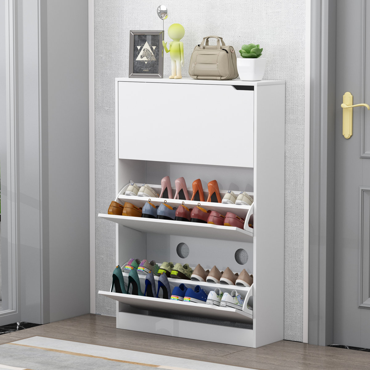 3-Tier Shoe Storage Cabinet with Flip Drawers, 16-20 Pair Free Standing Shoe Organizer 31.5''W for Entryway